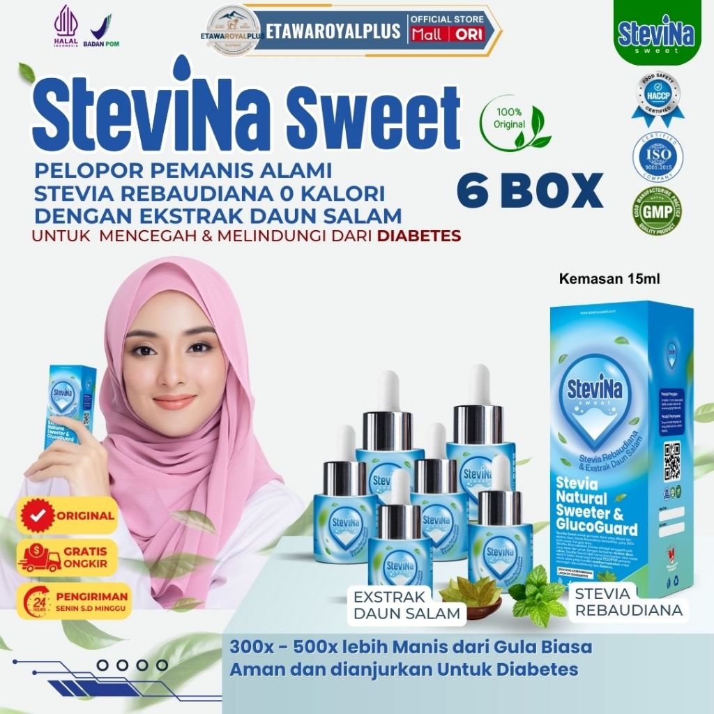 

Stevina Sweet Stevia Alami 0 Kalori Plus Herbal Daun Salam Untuk Menurunkan Kolesterol 6 Botol 15ml/BOTOL