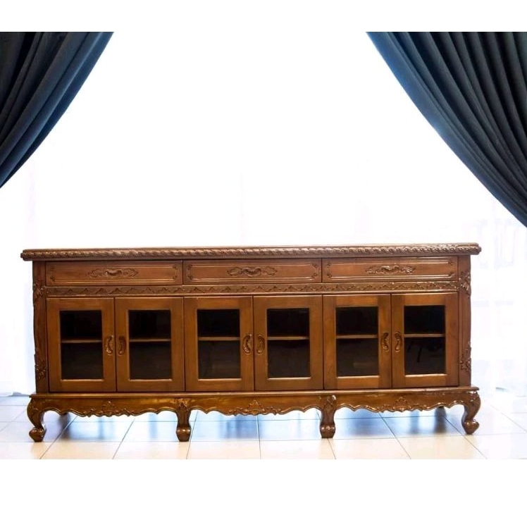 Bufet salina pintu kaca | cabinet salina pintu kaca | meja bufet ukiran salina pintu kaca | bufet pa