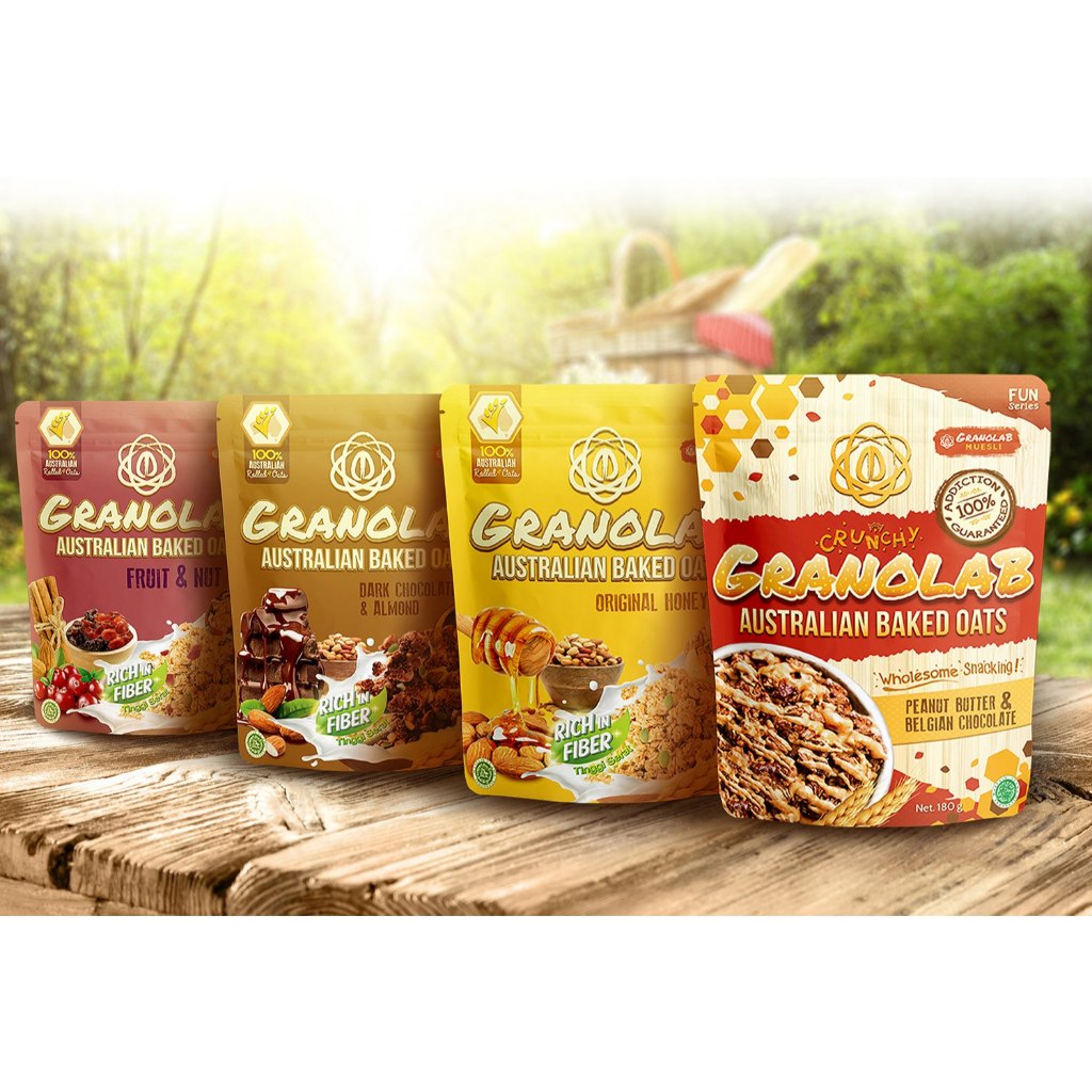 

Camilan Makanan Sehat / Healthy Food Premium Granolab Australian Baked Oats 210 Gr Fruit & Nut, Dark Choco & Almond, Crunchy Baked Oats, Original Honey