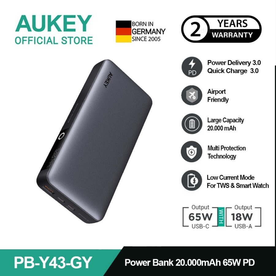 AUKEY Powerbank PB-Y43 20000mAh USB-C 65W PD 3.0 Slim - Abu-Abu