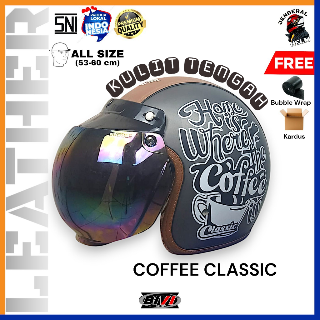 Helm Bogo Kulit Retro Motif Coffee Classic Kombinasi Kulit SNI Jenderal Helm