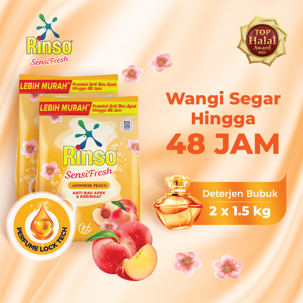 Rinso SensiFresh Detergent Bubuk Deterjen Wangi Segar 48 Jam Japanese Peach 1.5 KG x2