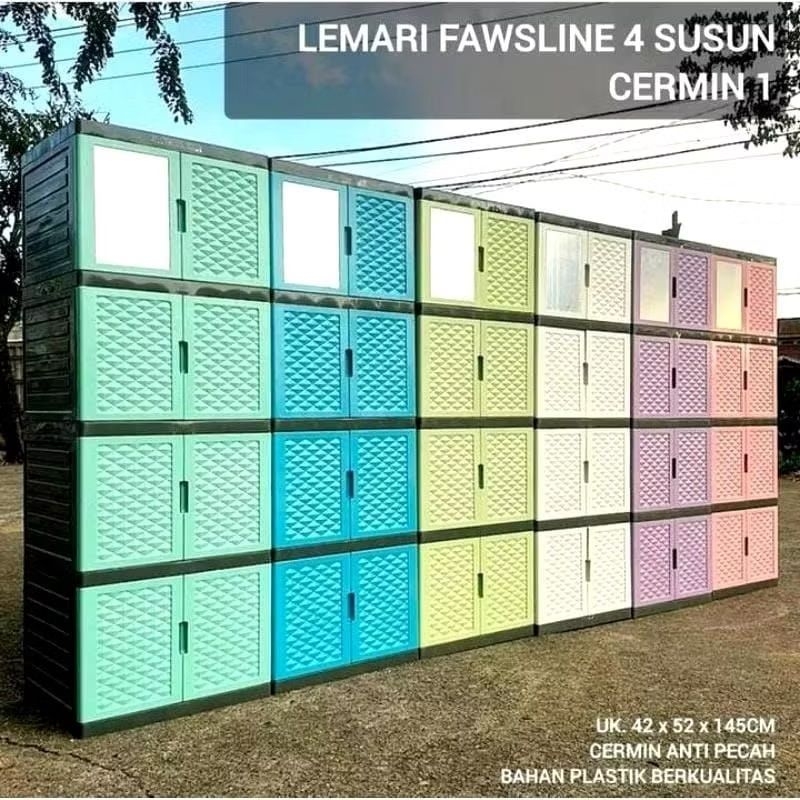Lemari plastik 4 susun kaca / Lemari fawsline kaca