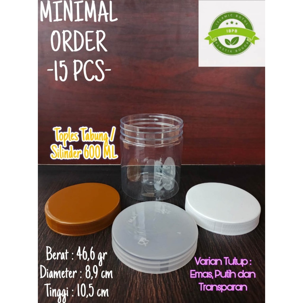 Toples Tabung 600 ml / Toples Jar Plastik / Toples Snack Kue. Tutup Transparant, Putih dan Gold