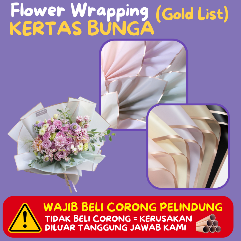 

(5 LEMBAR) Flower Wrap Buquet Kertas Bunga Buket List Gold Emas Cellophane / Flower Wrapping Pack List Gold Florist Kertas Buket