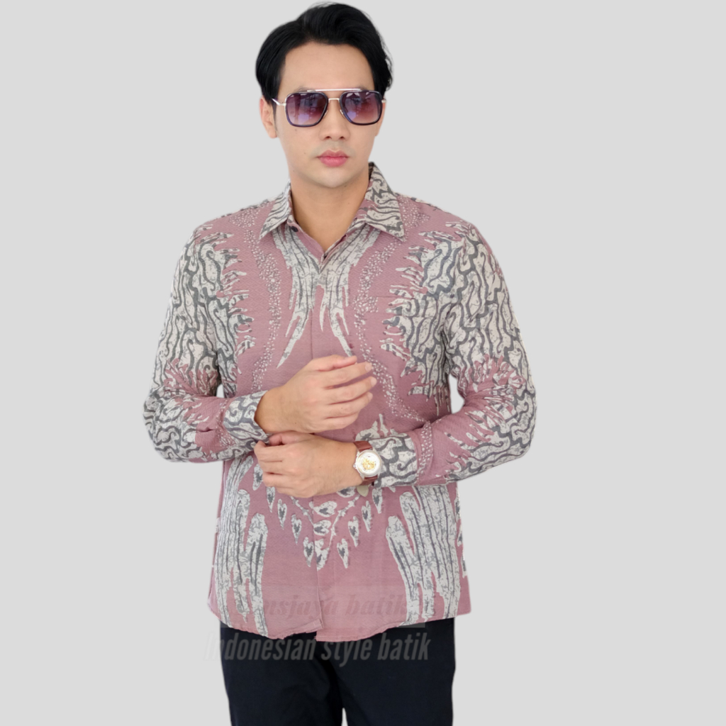 KEMEJA BATIK DAUN SALEM PINK SOFT ATASAN KEMEJA BATIK PRIA WARNA PINK SOFT KEMEJA BATIK SOLO BAHAN E
