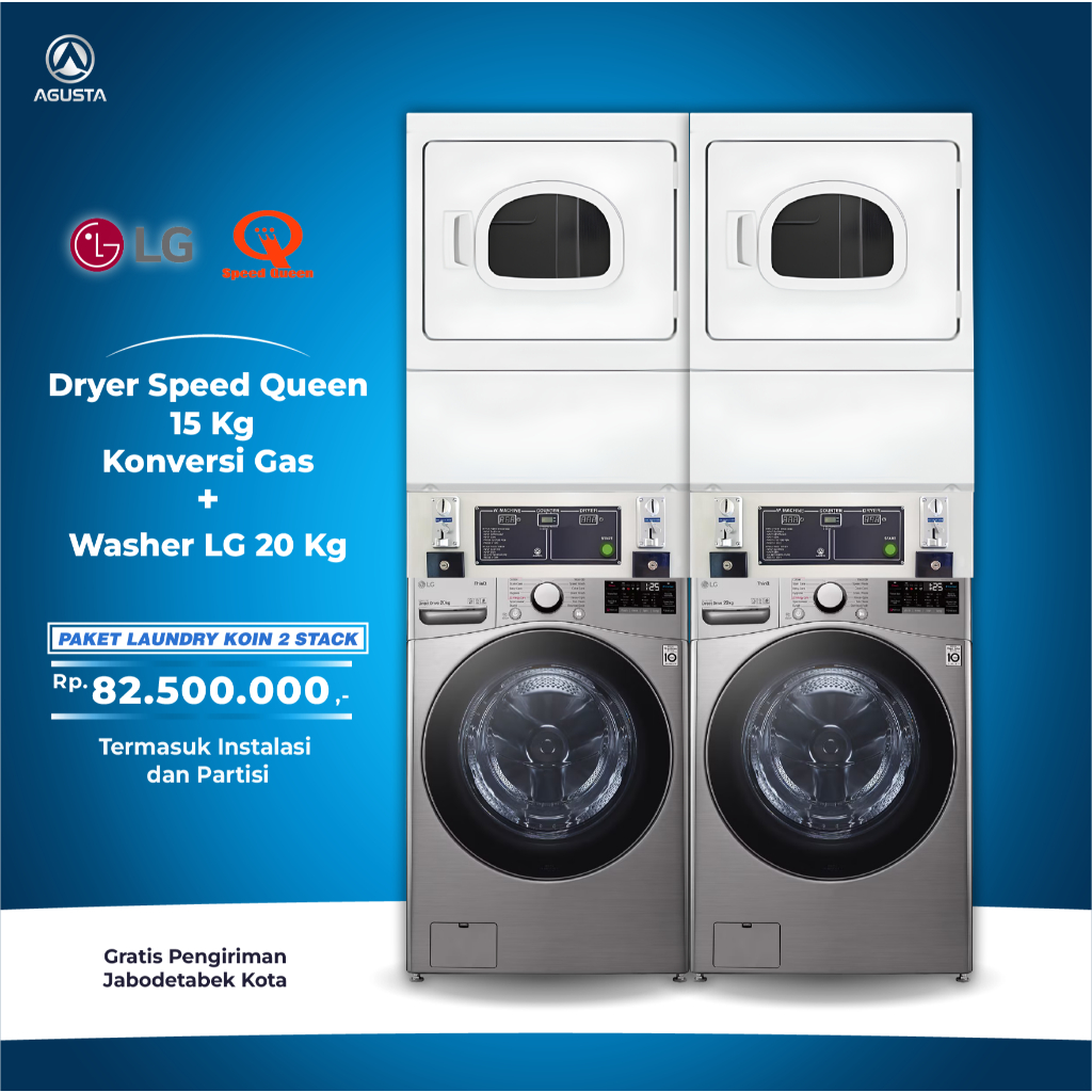 Paket Mesin Laundry 2 Stack Mesin Cuci LG 20kg & Mesin Pengering Speed Queen 15kg