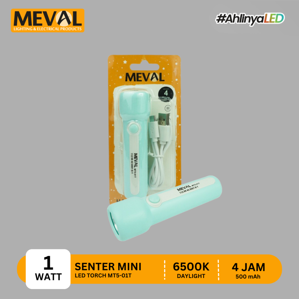 MEVAL Rechargeable Senter LED 1 Watt Lithium Baterai + Kabel - Tosca MT5-01T