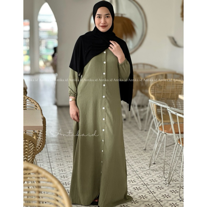 Gamis Muslim AISYAH Polos kancing dengan kantong dan busui friendly Matt Crinkle Airflow Premium I J