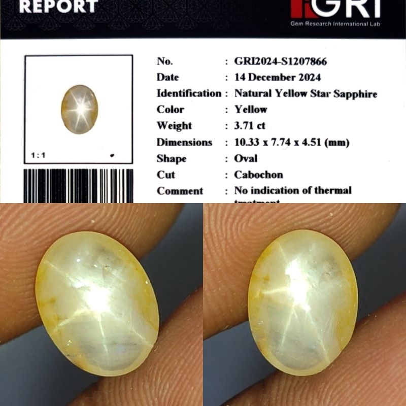 RARE ITEM Natural Star Yellow Sapphire Srilanka No Heated 3.7ct GRI Material Crystall Star Main Meja
