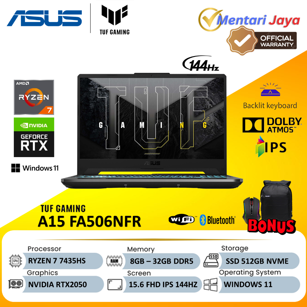 Laptop ASUS TUF Gaming A15 FA506NFR Ryzen 7 7435HS 32GB 512GB SSD RTX 2050 IPS 144Hz Win11