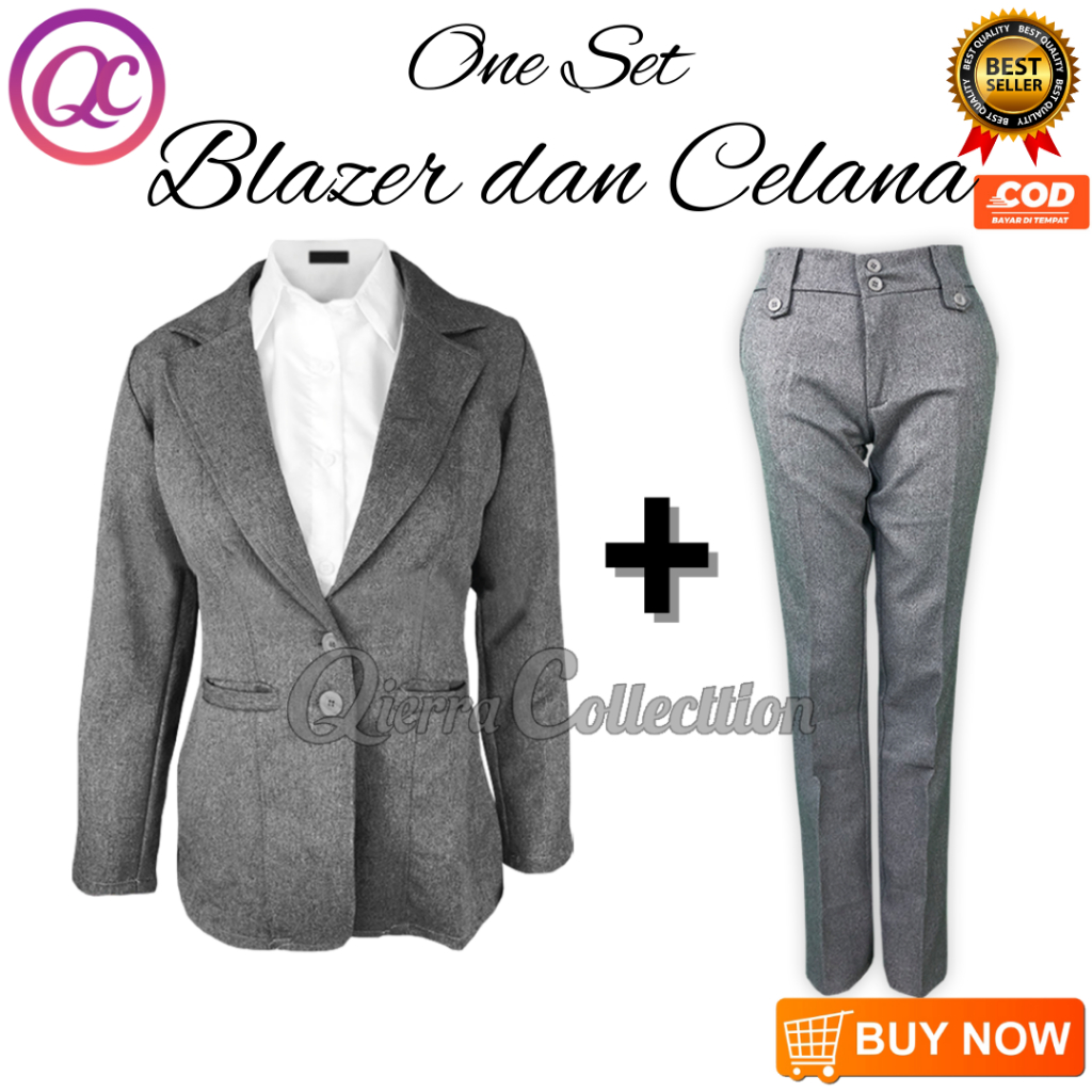 One Set Setelan Jas Blazer Celana Bahan Panjang Pinggang Wanita Stelan Jas Kerja Kantor Cewe Polos D