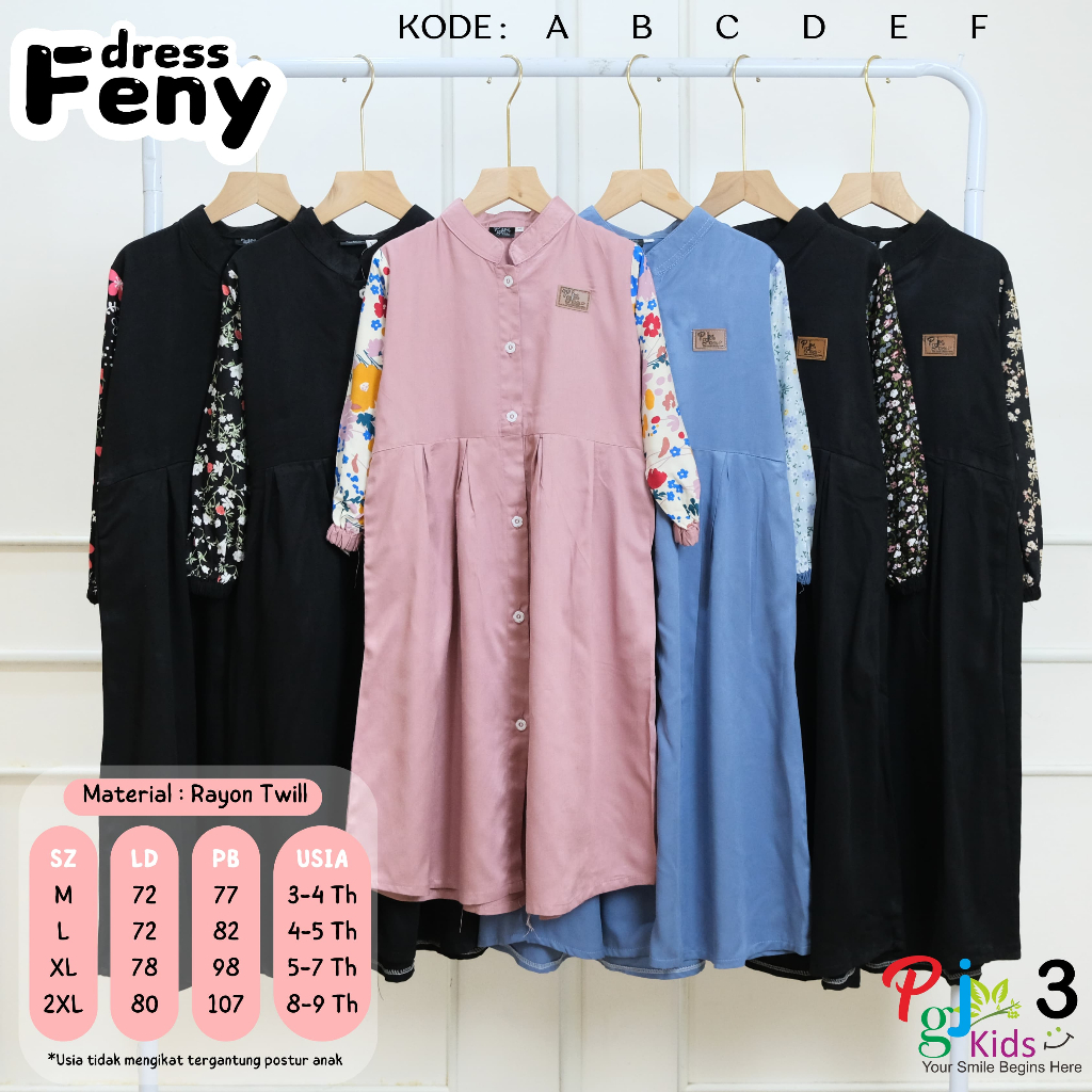 gamis anak perempuan 3-9 tahun feny dress ori pgj kids