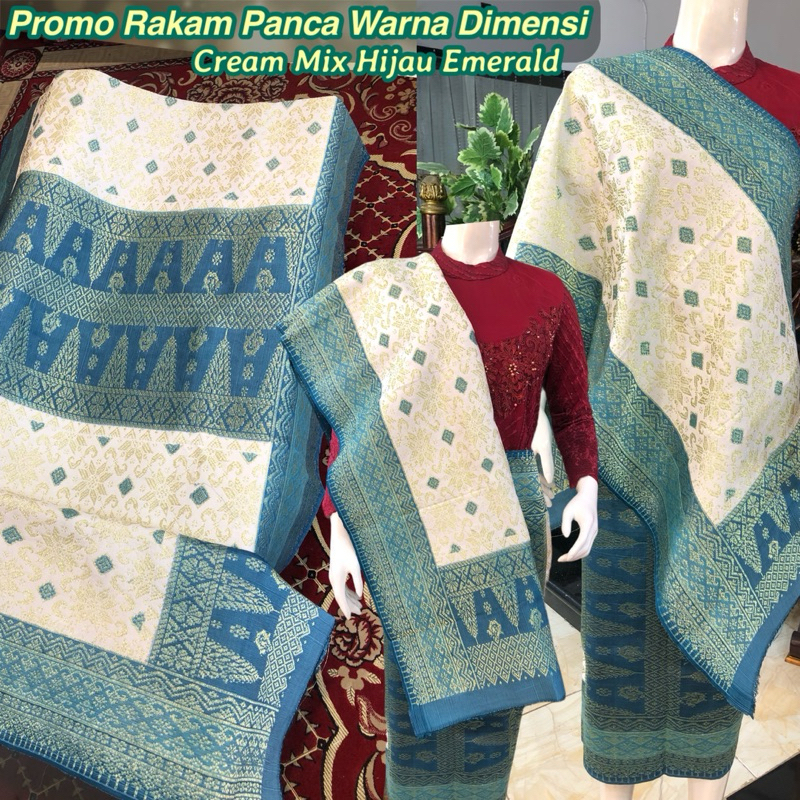 Songket Rakam Panca Warna Dimensi Promo/ Cream Mix Hijau Emerald songket tenun asli palembang /ilham