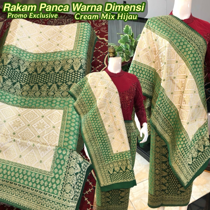 Songket Rakam Panca Warna Dimensi Promo Exclusive/ Cream Hijau/ songket tenun asli palembang /ilham 