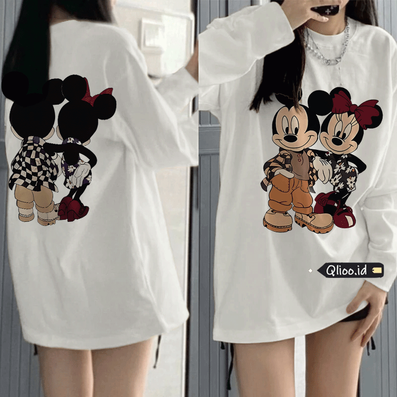 QLIOO Korean Disney Mickey dan Minnie Putih Loose Lengan panjang /Sweatshirts Wanita / Sweatshirts T