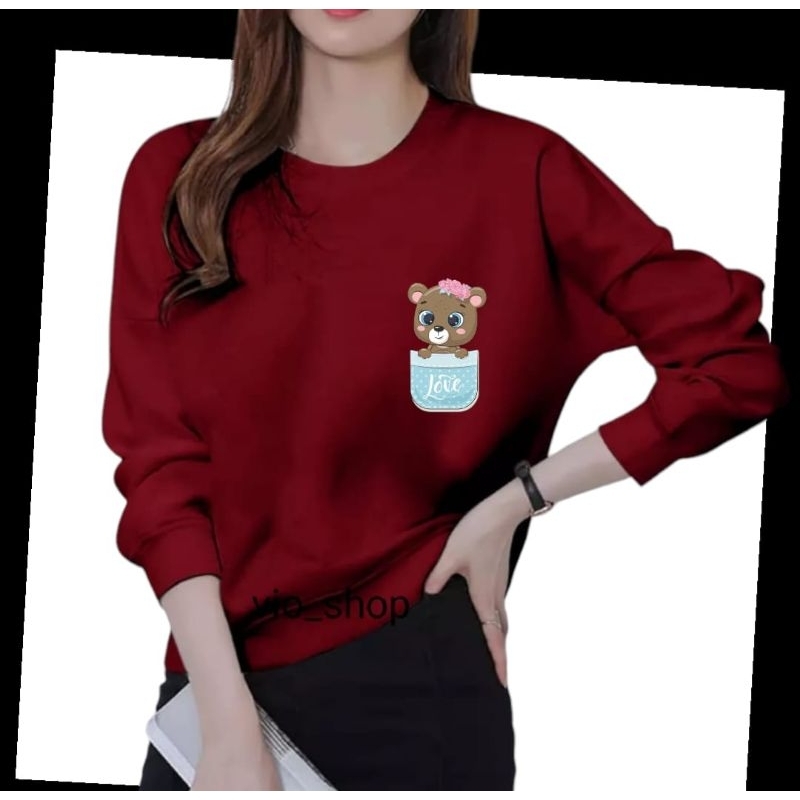 Baju Kaos Wanita Lengan Panjang Kekinian Terbaru Motif Saku Beruang