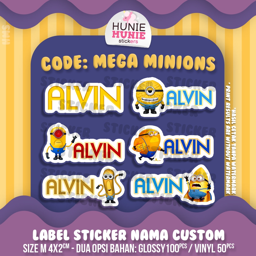 

Sticker Label Nama Custom - Mega Minions Minion (100pcs) Despicable Me Rise of Gru - Stiker Hunie Munie