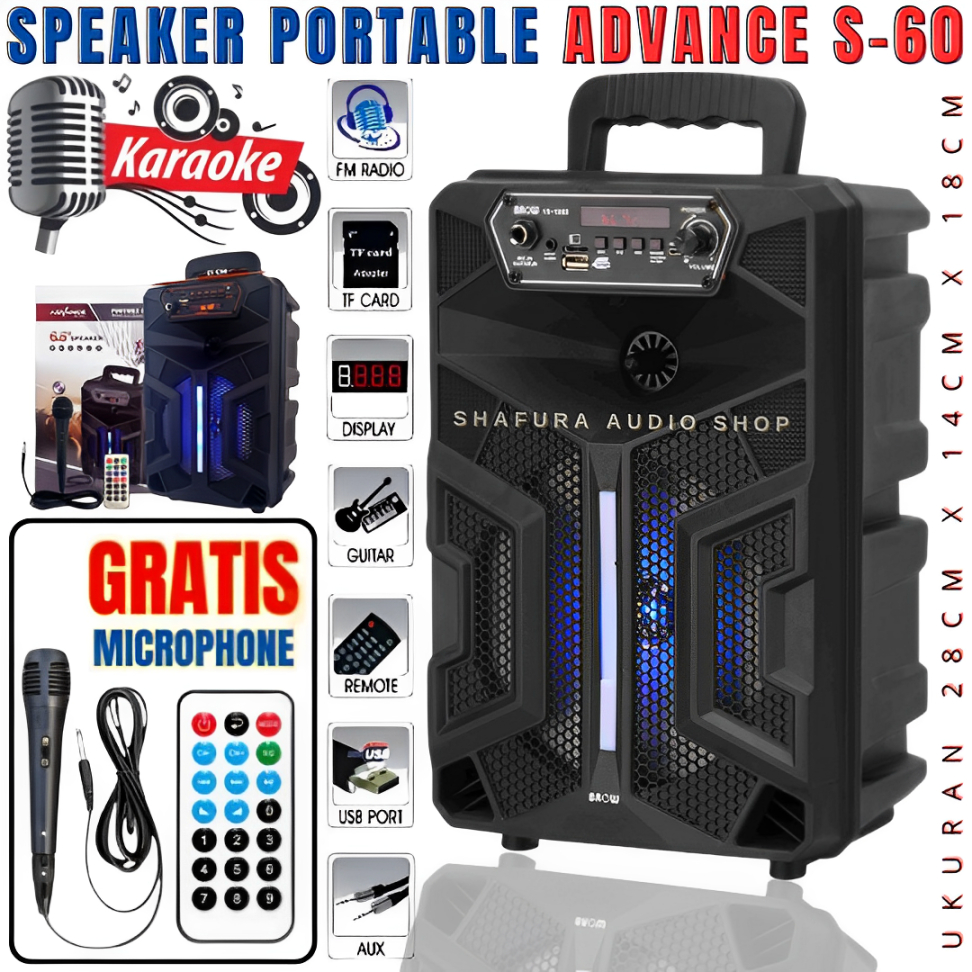 Speaker Portable Advance S60 Plus Mic Dan Remote | Advance Speaker Bluetooth Karaoke Portable+1xmic 