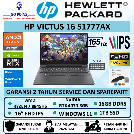 LAPTOP GAMING TERBARU HP VICTUS 16 RYZEN 7 8845HS RAM 16GB DDR5 1TB SSD RTX4070 FHD IPS 165HZ WIN11