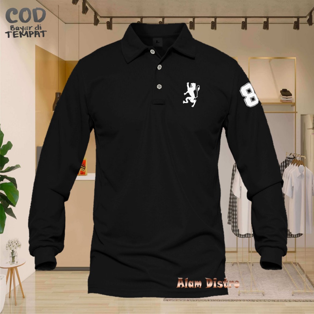 COD Shirt Polo Panjang Singa 8 Text Putih Baju Polo Keren Unisex