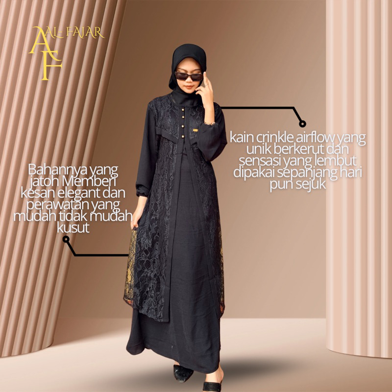 RB AZIZAH DRESS - Gamis Crinkle Airflow Mix Brokat Mewah Dress Pesta Busui Kondangan Size M L XL