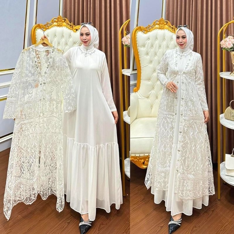 Gamis Set Outer Iner Brukat Payet Putih Fashion Muslim Perempuan Dress Pesta