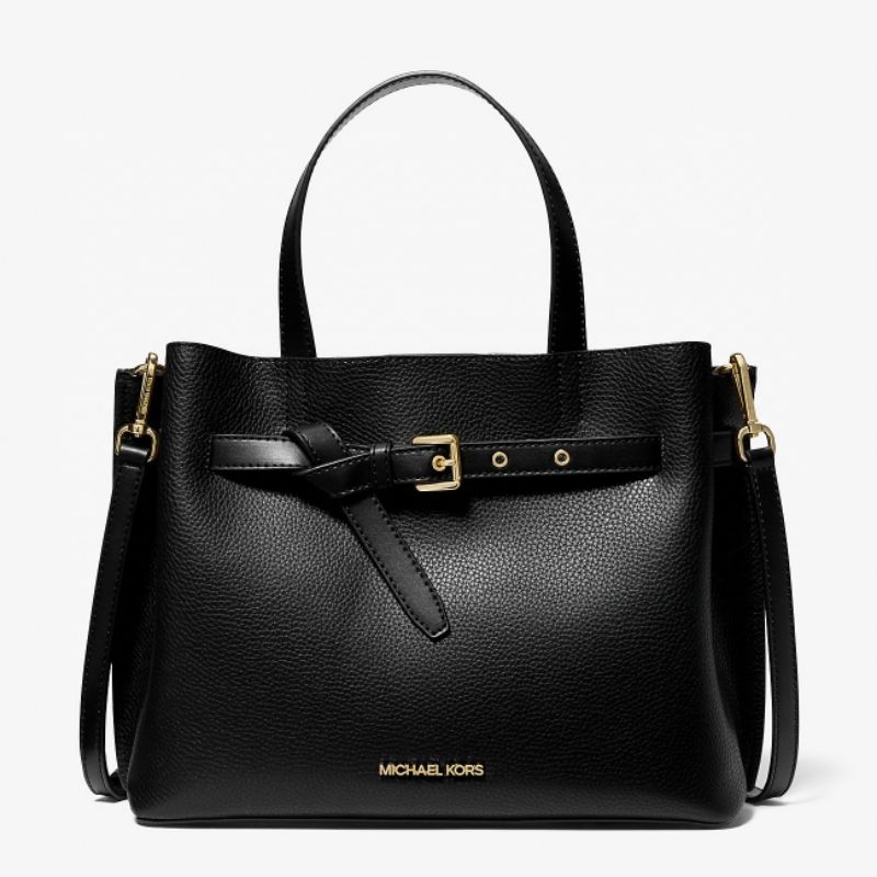 MK EMILIA LARGE PEBBLED LEATHER SATCHEL BAG IN BLACK