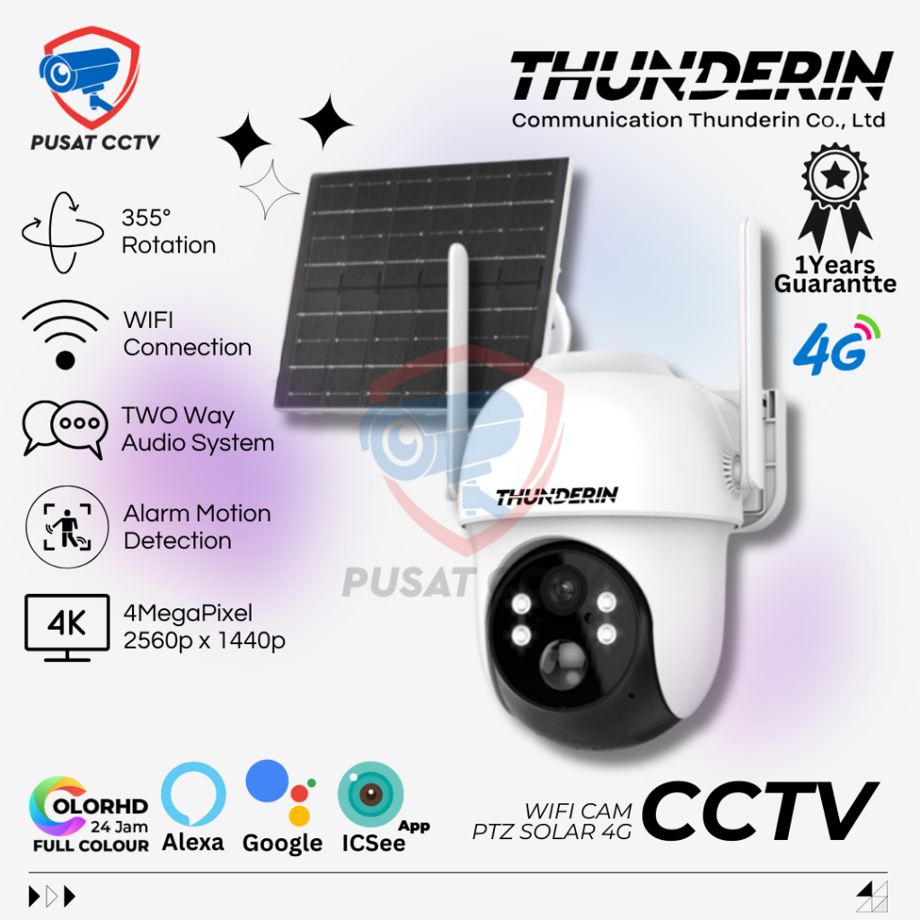 Thunderin Camera IP WIFI Support Simcard 4G , Kamera Outdoor PTZ Solar Panel , Two Away Audio Human 