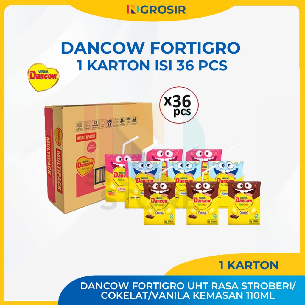 

DANCOW Fortigro Susu UHT Rasa Cokelat/Vanila/Stroberi Kemasan 110ml 1 Karton