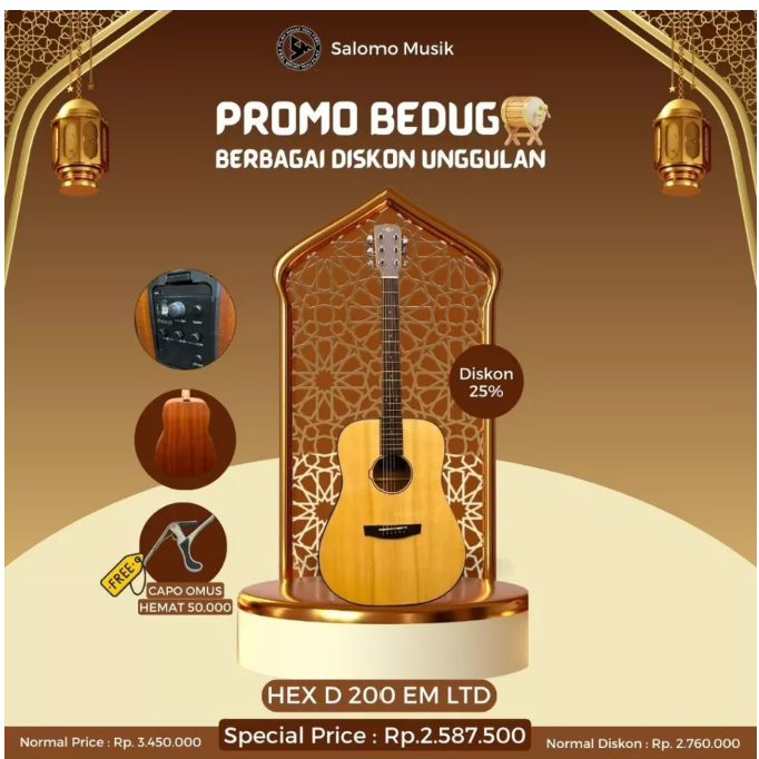Gitar Akustik Elektrik Hex D200 EM LTD Original Free Capo