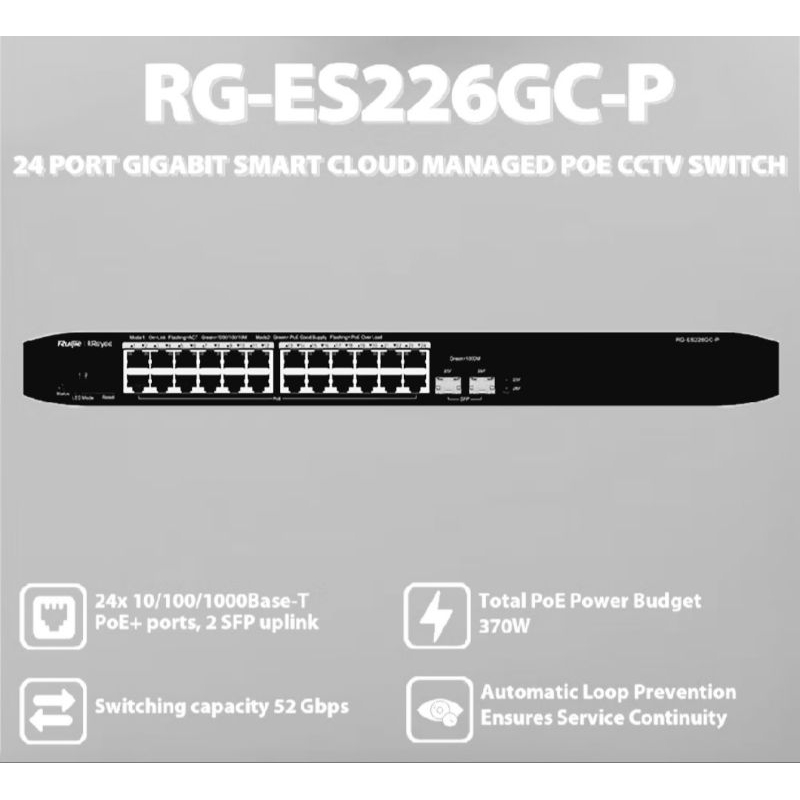 Ruijie RG-ES226GC-P Switch Hub 24Port Gigabit Smarta Cloud Managed Plus Poe