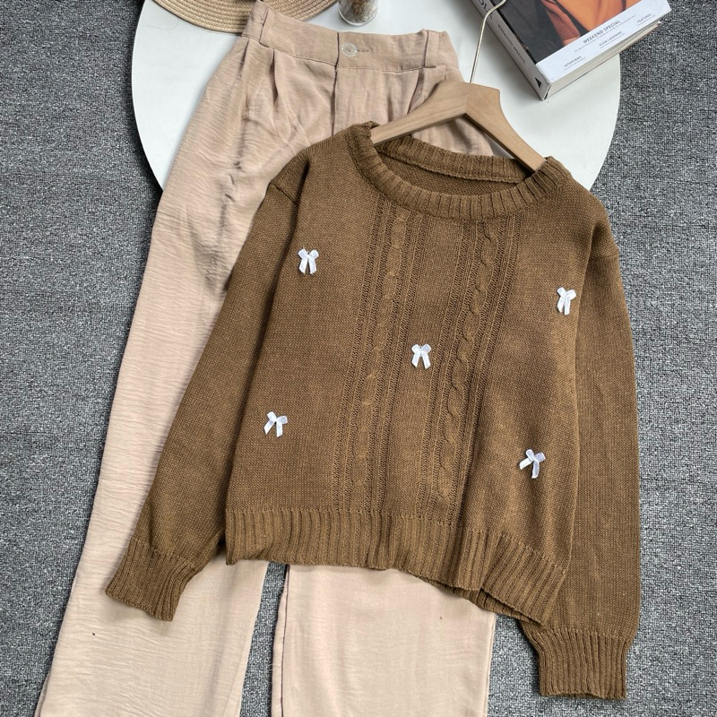 Setelan Wanita Kekinian Sweater Cable Rajut Korean Style Atasan dan Celana Kulot Crinkle untuk OOTD