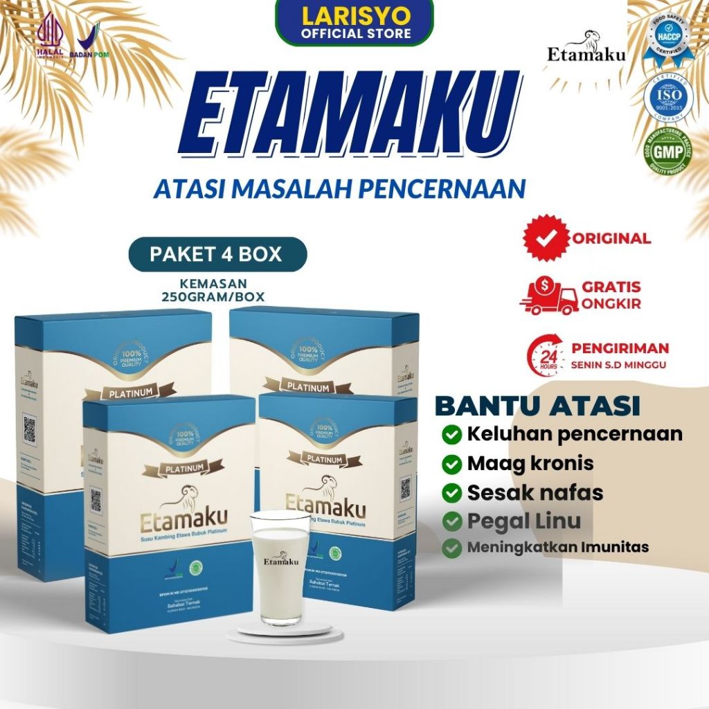 

Etamaku Susu Kambing Etawa Untuk Kesehatan Pencernaan dan Lambung Kemasan 250gr Paket 4 Box