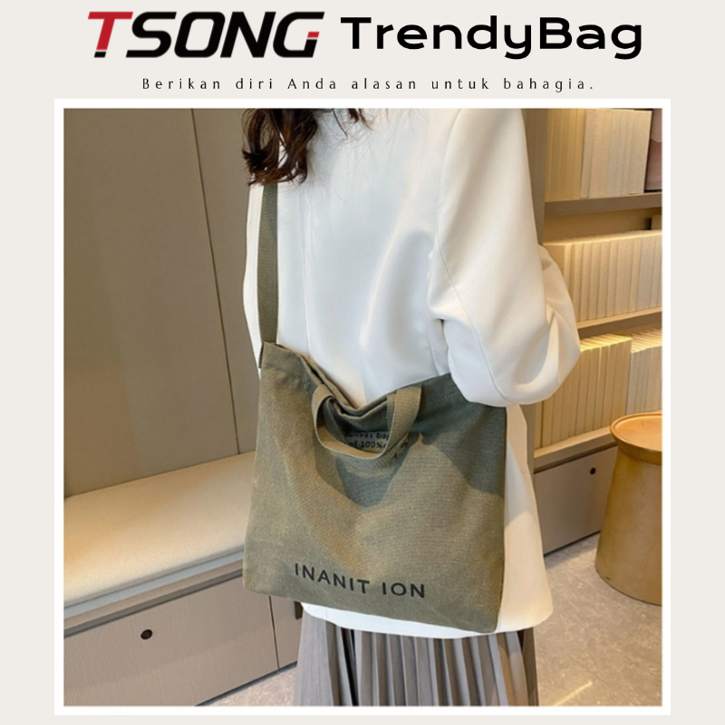 DISKON TSONG TAS SELEMPANG KAIN KANVAS RETRO BESAR KAPASITAS WARNA HIJAU TAS SAMPING PRIA WANITA