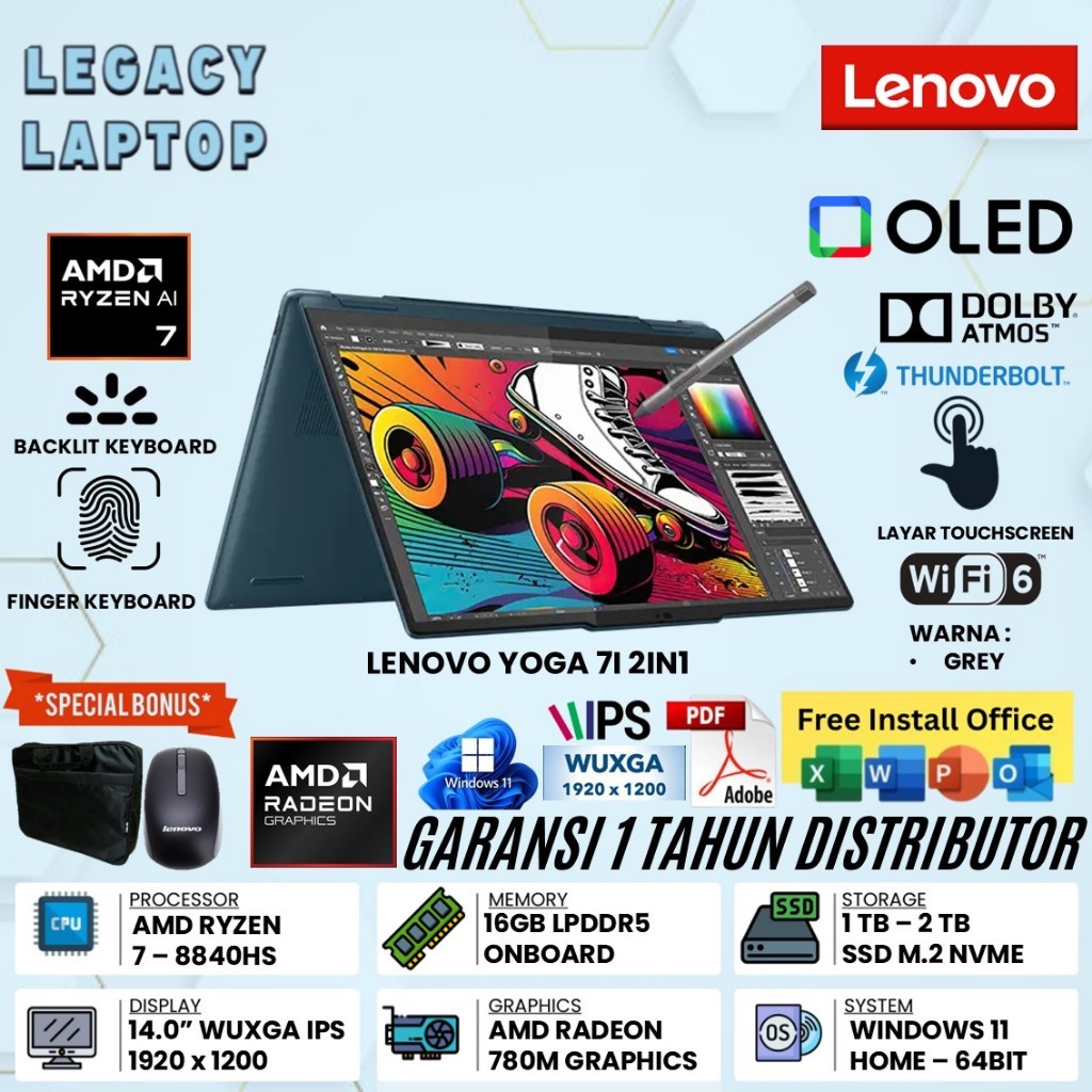 Laptop Lenovo Yoga 7 2in1 14 Amd Ryzen 7 8840HS Ram 16GB 1TB SSD Radeon 780M Windows 11 Home