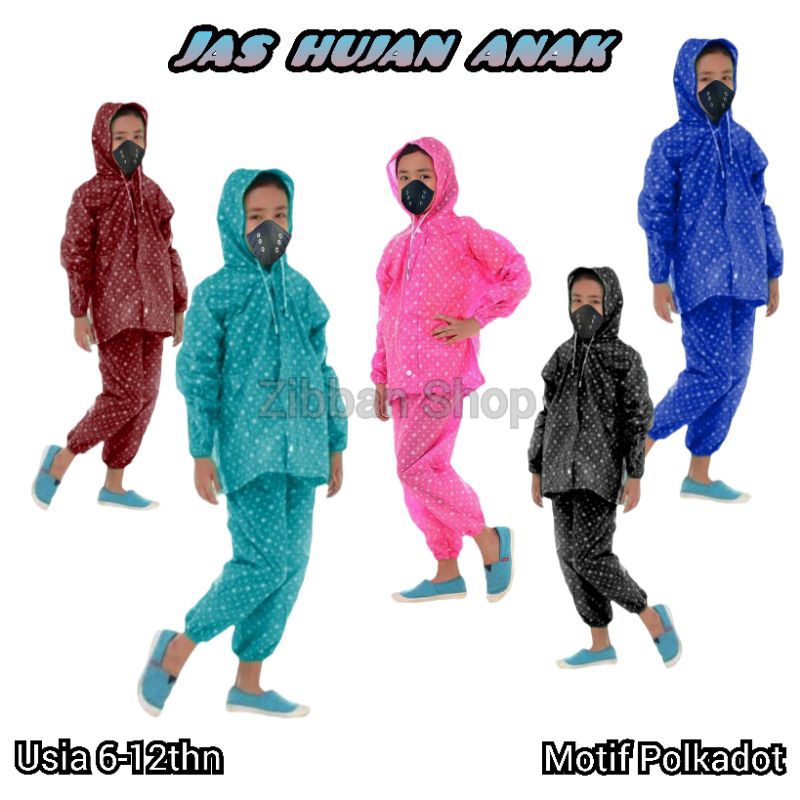setelan jas hujan anak laki laki dan perempuan polkadot