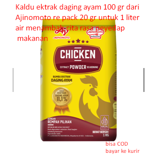 

Kaldu ektrak daging ayam 100 gr dari Ajinomoto re pack 20 gr untuk 1 liter air menambah cita rasa peyedap makanan