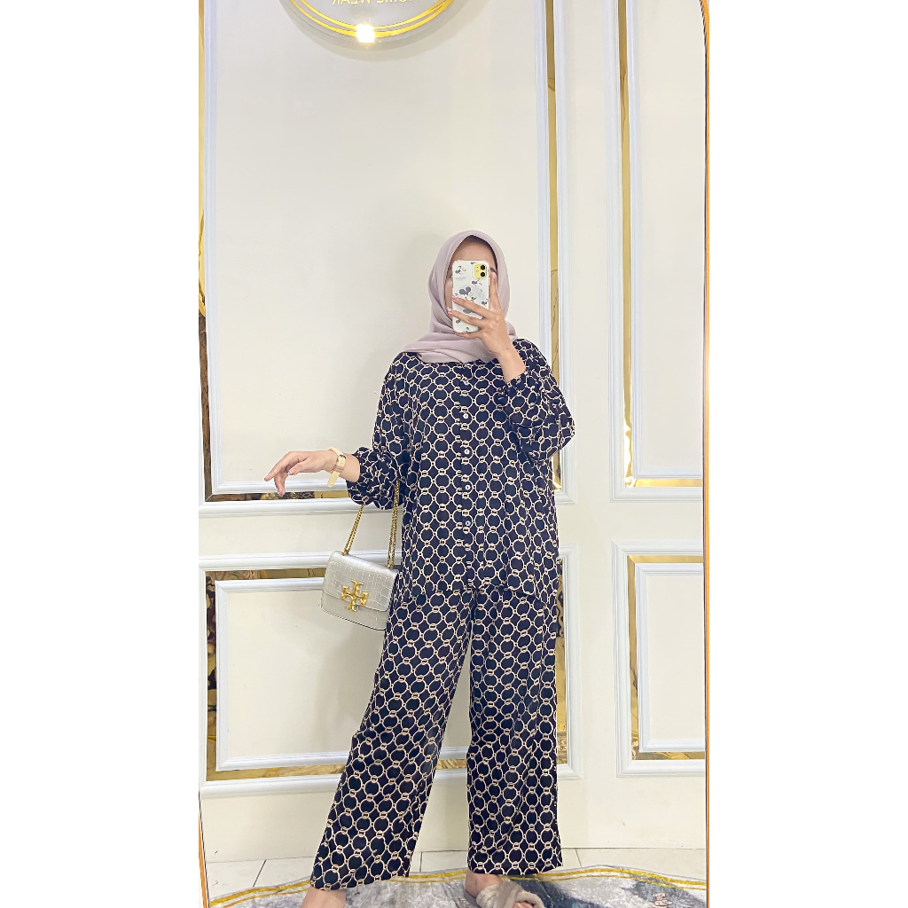 KEYRA One Set Kemeja Panjang Setelan Pajamas Kemeja Kulot Rayon Panjang Wanita