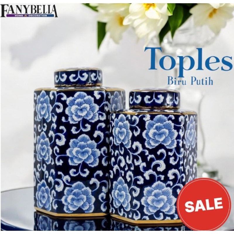 Pajangan Meja Toples Guci Biru Putih Porselen Biru Putih Tochin Motif Bunga Import
