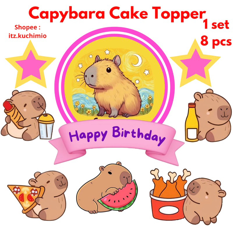 

Capybara Cake Topper Happy Birthday Set 8 Pcs kapibara