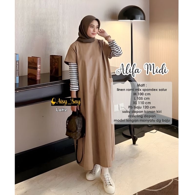 Alifa Midi Dress Bahan Linen Rami Kombinasi Cotton Combed Salur Tebal By AisySay-Midi Dress Muslim K