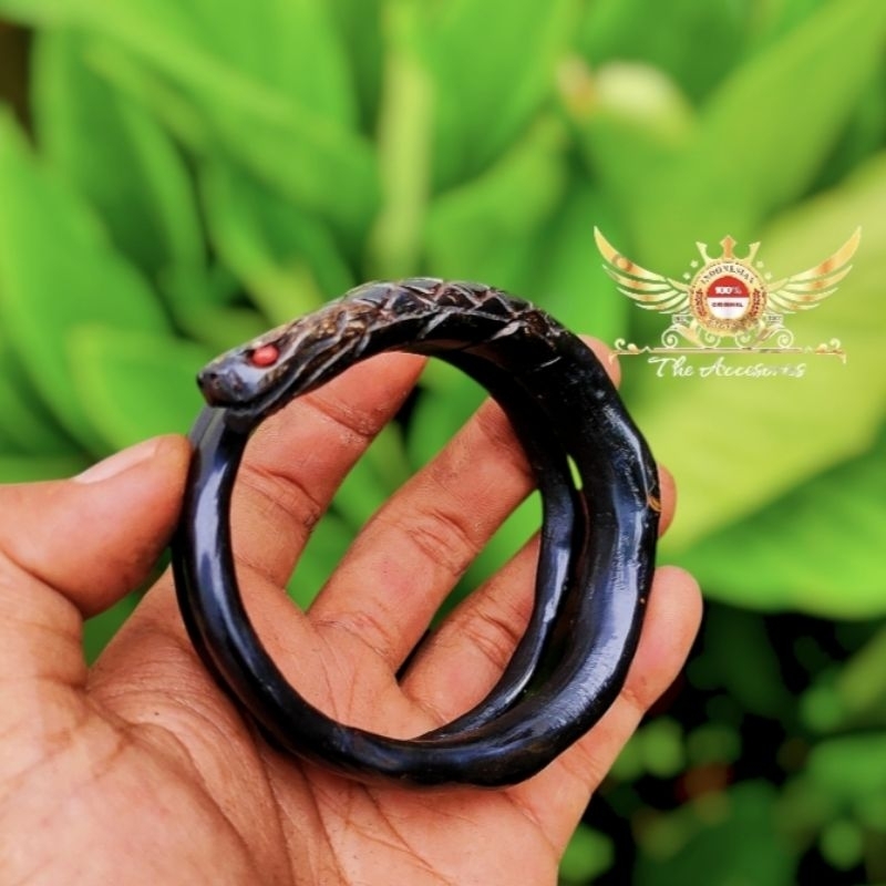 Gelang Akar Bahar Hitam Lilit 3 Ukir Kepala Ular Original 100%