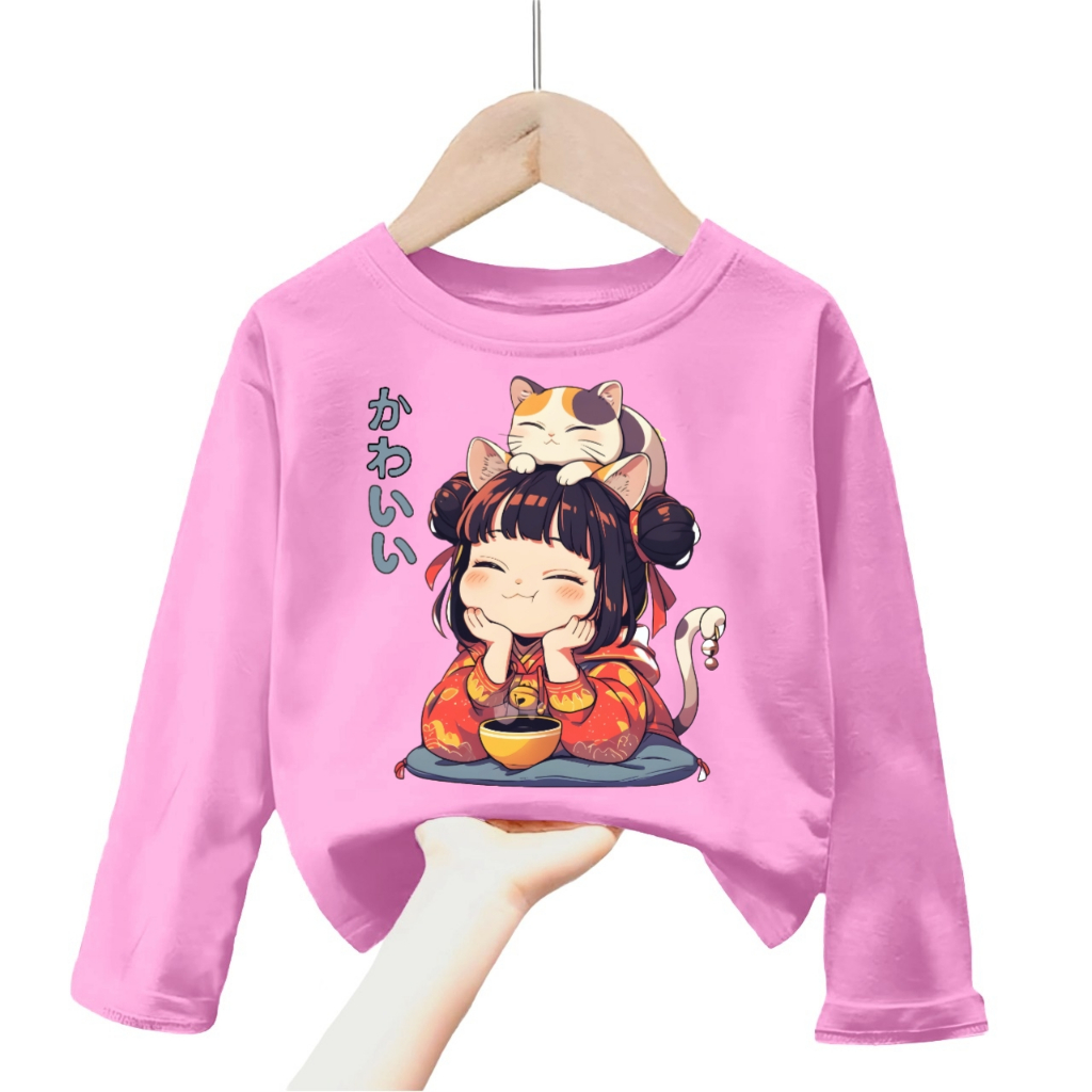 atasan baju kaos anak perempuan gambar girl cute cat lengan panjang 1-12tahun k.236