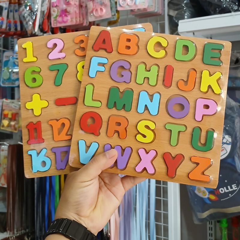 ( BISA COD) Mainan anak edukasi puzzle kayu alphabet dan angka / puzzle balok / mainan edukasi kayu 