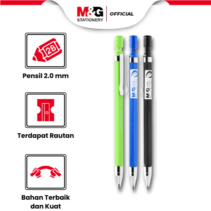 

M&G Pensil Mekanik Dilengkapi Rautan Mechanical Pencil Free Sharpener Desain 2.0mm 2B Nyaman Digunakan Design Hexagonal