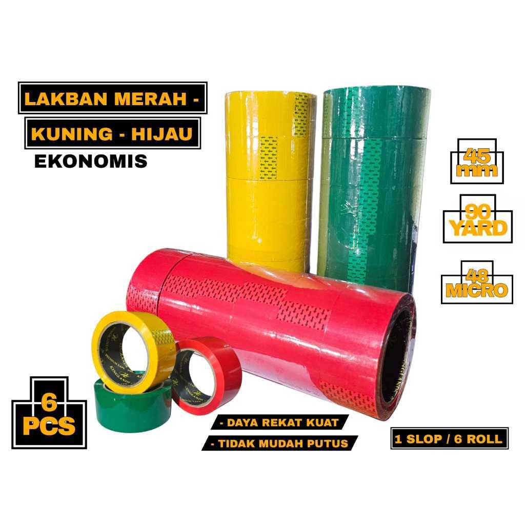 

1SLOP ISI 6 PCS Lakban 45mm 90 Yard Merah Kuning Hijau 2 Inch 90YARD OPP Packing Tape 2" Inci 90Y