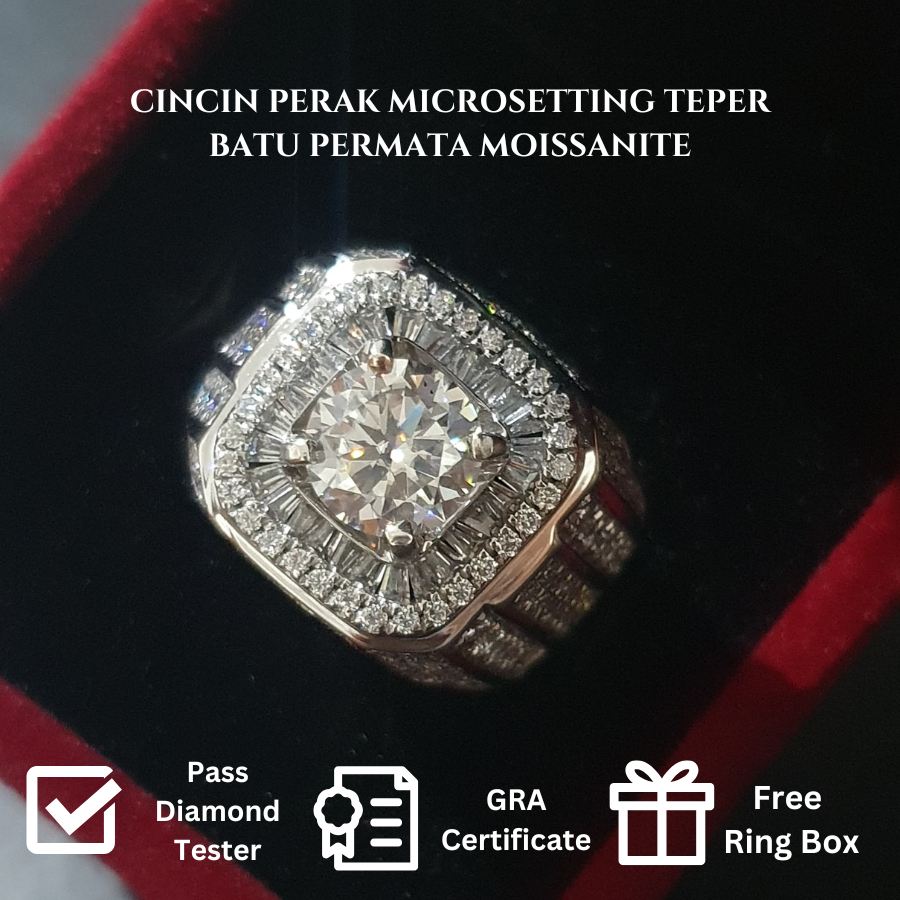 Cincin Perak Pria Microsetting Teper Premium Quality Berlian Moissanite Men's Silver Ring