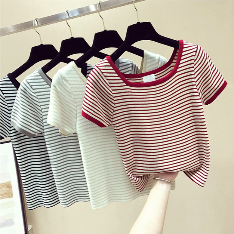 [Hallyu] Atasan Wanita Lengan Pendek Salur | Baju Rajut import | Atasan Croptop Garis Garis | Baju R