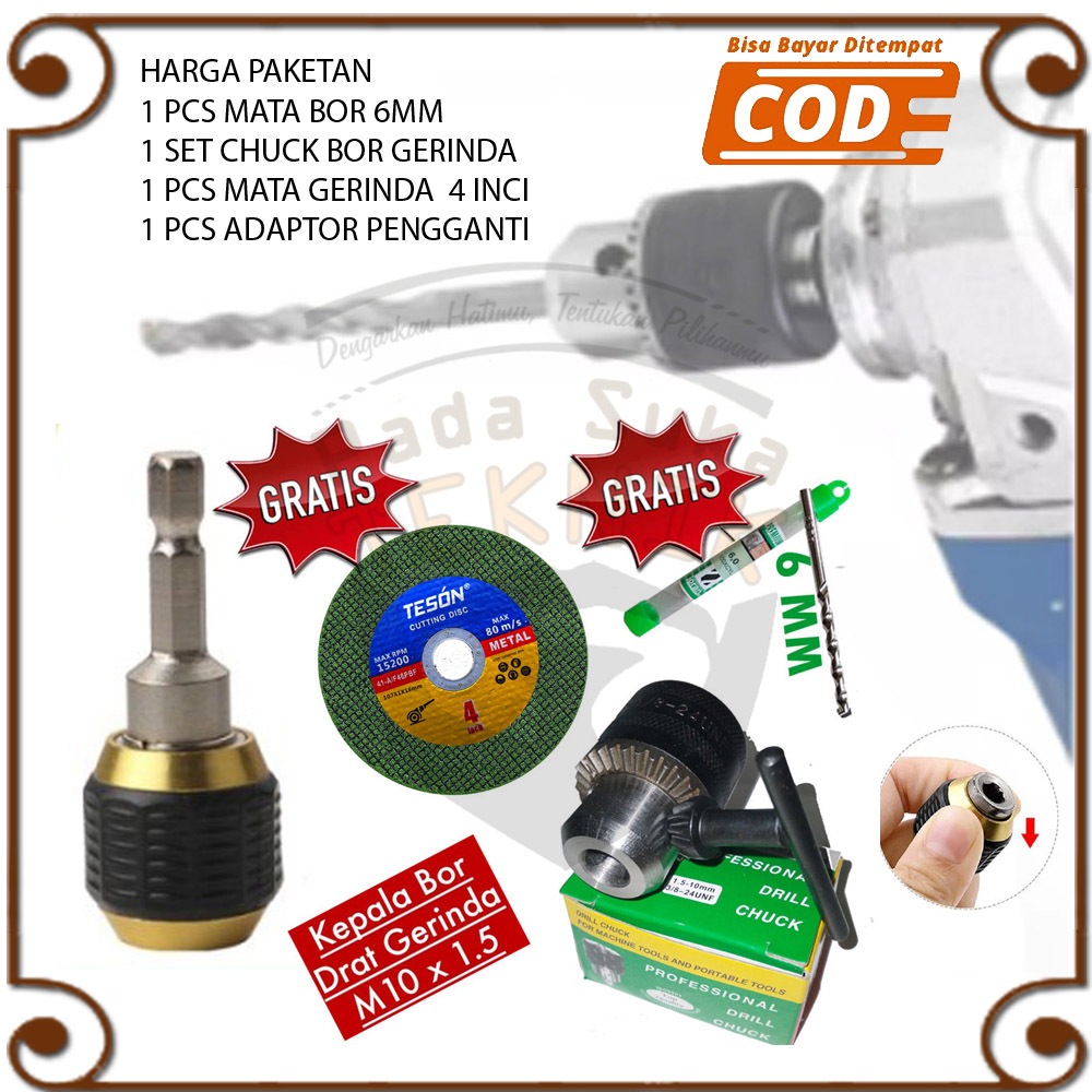 Kepala Mesin Bor Jadi Chuck Mesin Gerinda + Adaptor Konektor Mata Bor Kopling Pengganti